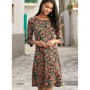 Peruvian Connection Starflower Dress Floral Pima Cotton 3/4 Sleeve M